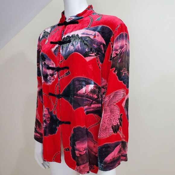 Aris A Womens XL Velvet Top Asian Crane Stand Collar Silk Knot Kimono Boho Artsy - Picture 7 of 10